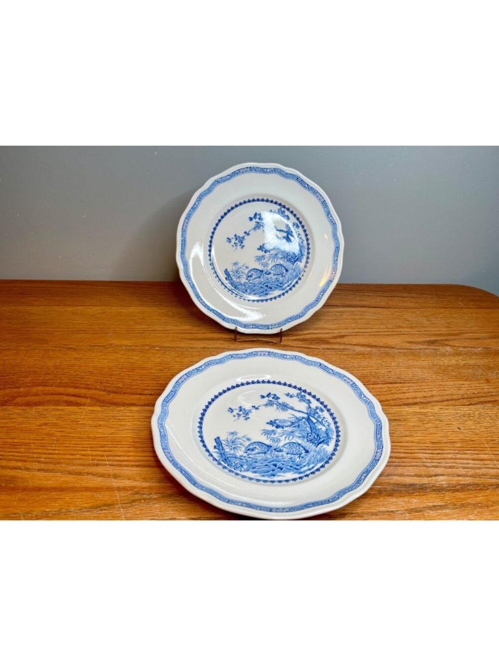 Set of 2 Antique Mason's Ironstone England Blue White Quail Dinner Plates 10.5"